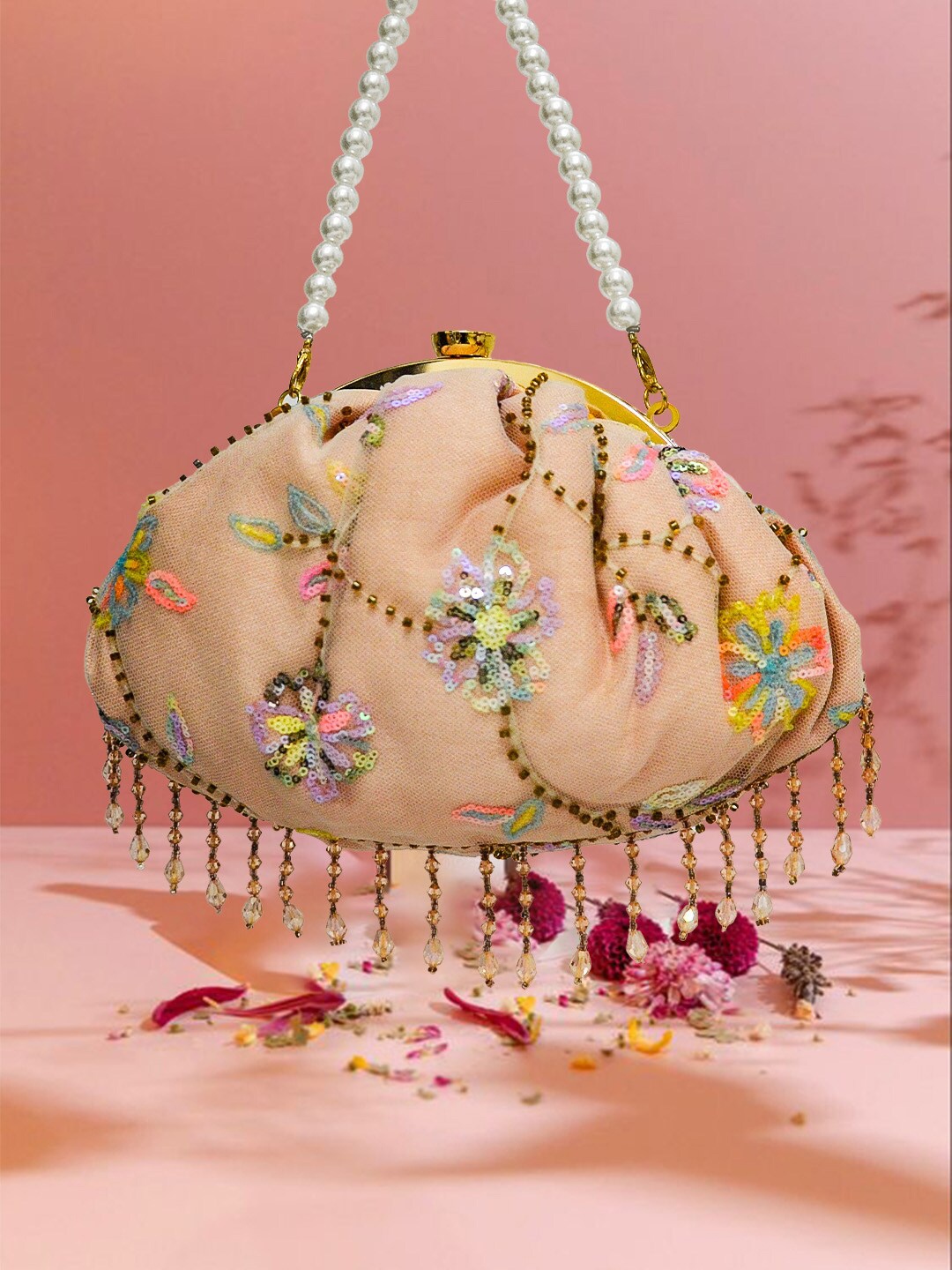 

ARTFLYCK Embroidered Tasselled Potli Clutch, Peach