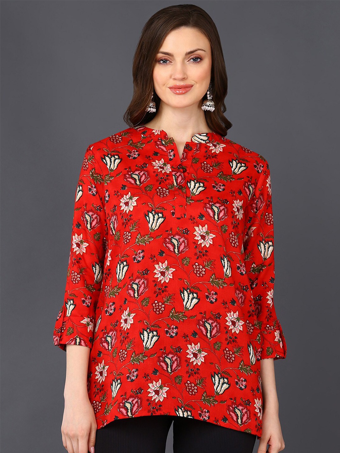 

AHIKA Floral Printed Mandarin Collar Top, Red