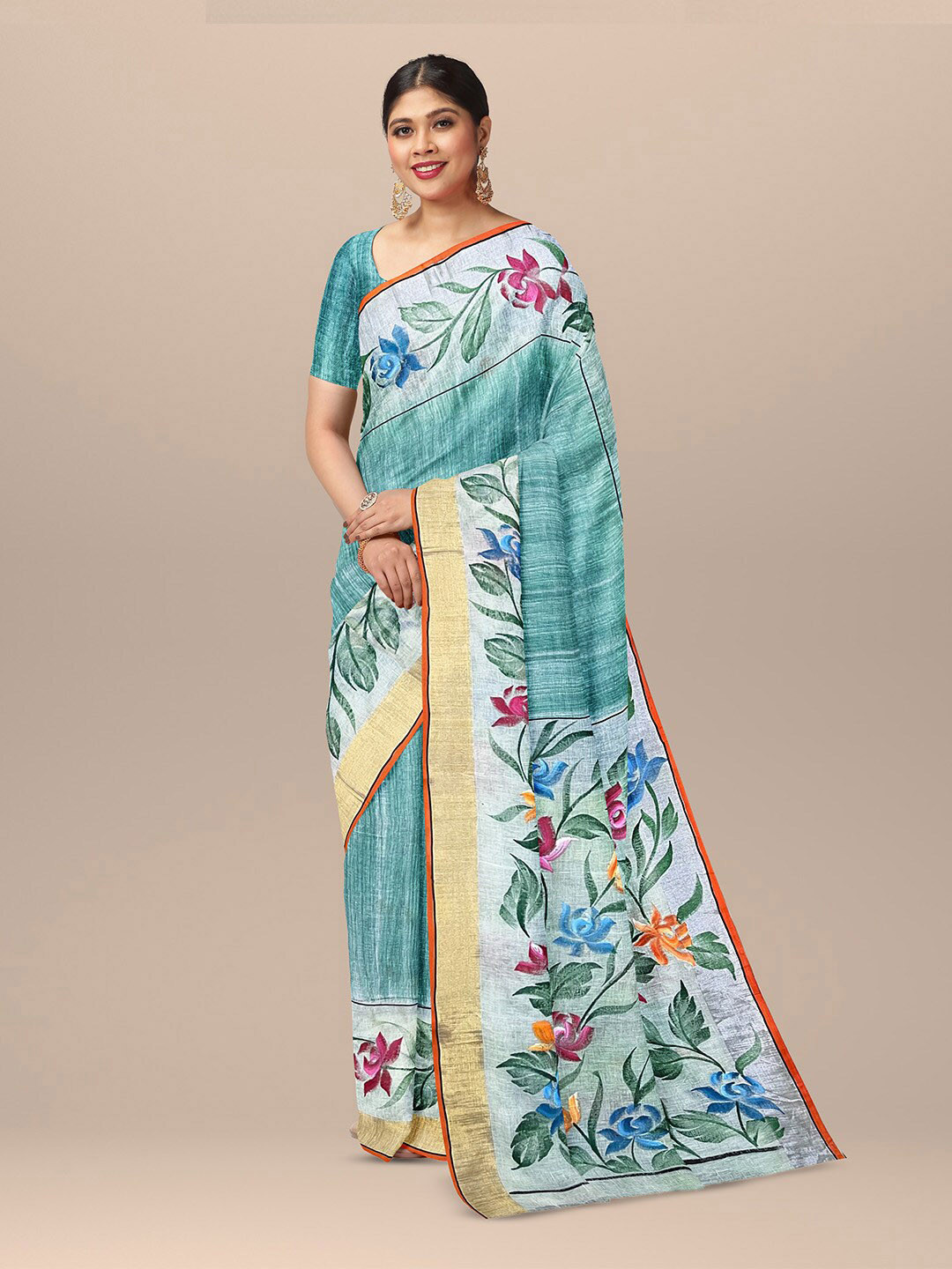 

SARIKA Floral Printed Pure Linen Saree, Green