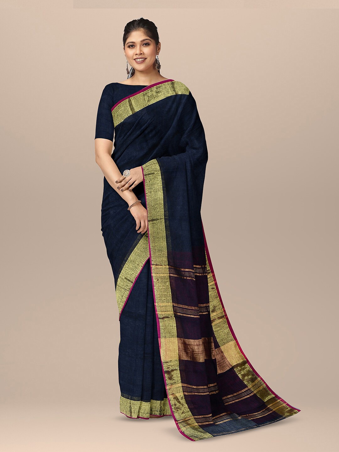 

SARIKA Zari Pure Linen Saree, Blue