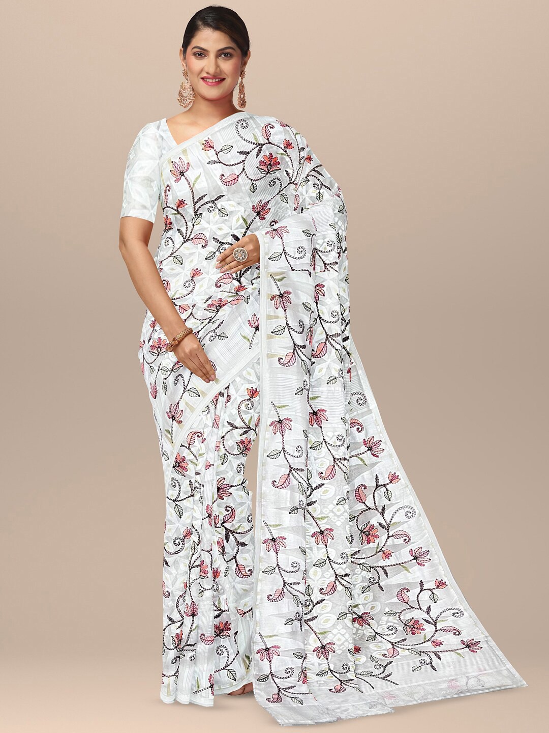 

SARIKA Floral Embroidered Pure Cotton Saree, White