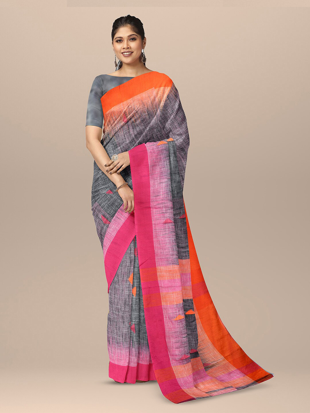 

SARIKA Colourblocked Pure Linen Saree, Grey