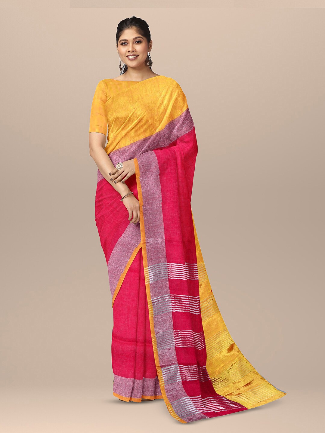 

SARIKA Colourblocked Pure Linen Saree, Pink