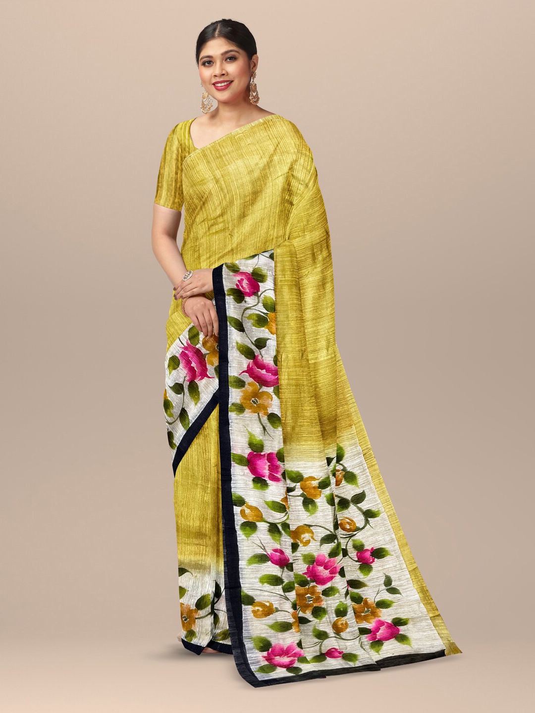 

SARIKA Floral Printed Jute Cotton Khadi Saree, Yellow
