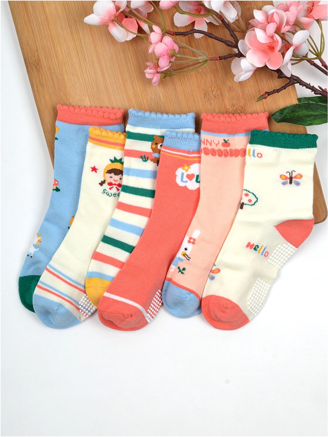 

FOOTPRINT 6 Pairs Infant Kids Unisex Multi-Colored Ankle-Length Assorted Antiskid Cotton Socks, Blue