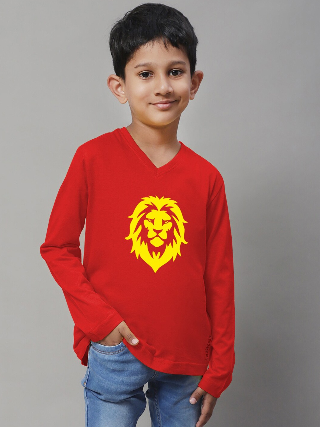 

Friskers Boys Printed V-Neck Long Sleeves Cotton T-shirt, Red