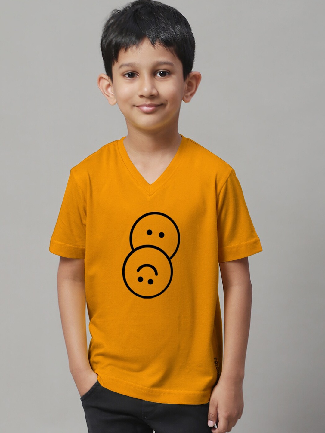 

Friskers Boys Graphic Printed V-Neck Pure Cotton T-shirt, Mustard