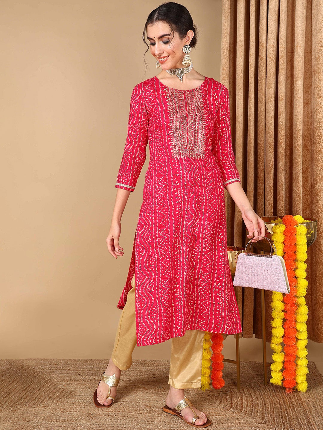 

AHIKA Bandhani Printed Straight Kurta, Pink