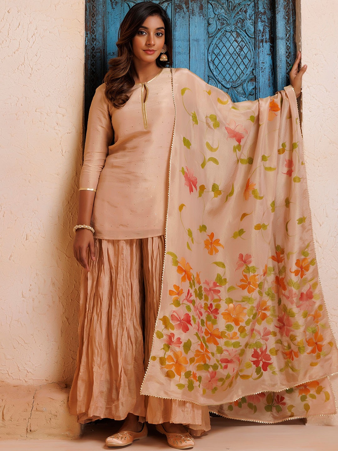 

Geroo Jaipur Regular Chanderi Cotton Kurti With Sharara & Dupatta, Pink