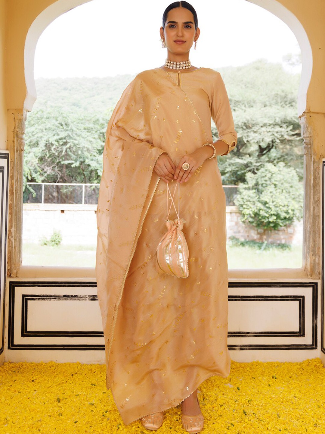 

Geroo Jaipur Regular Chanderi Cotton Kurti With Sharara & Dupatta, Peach