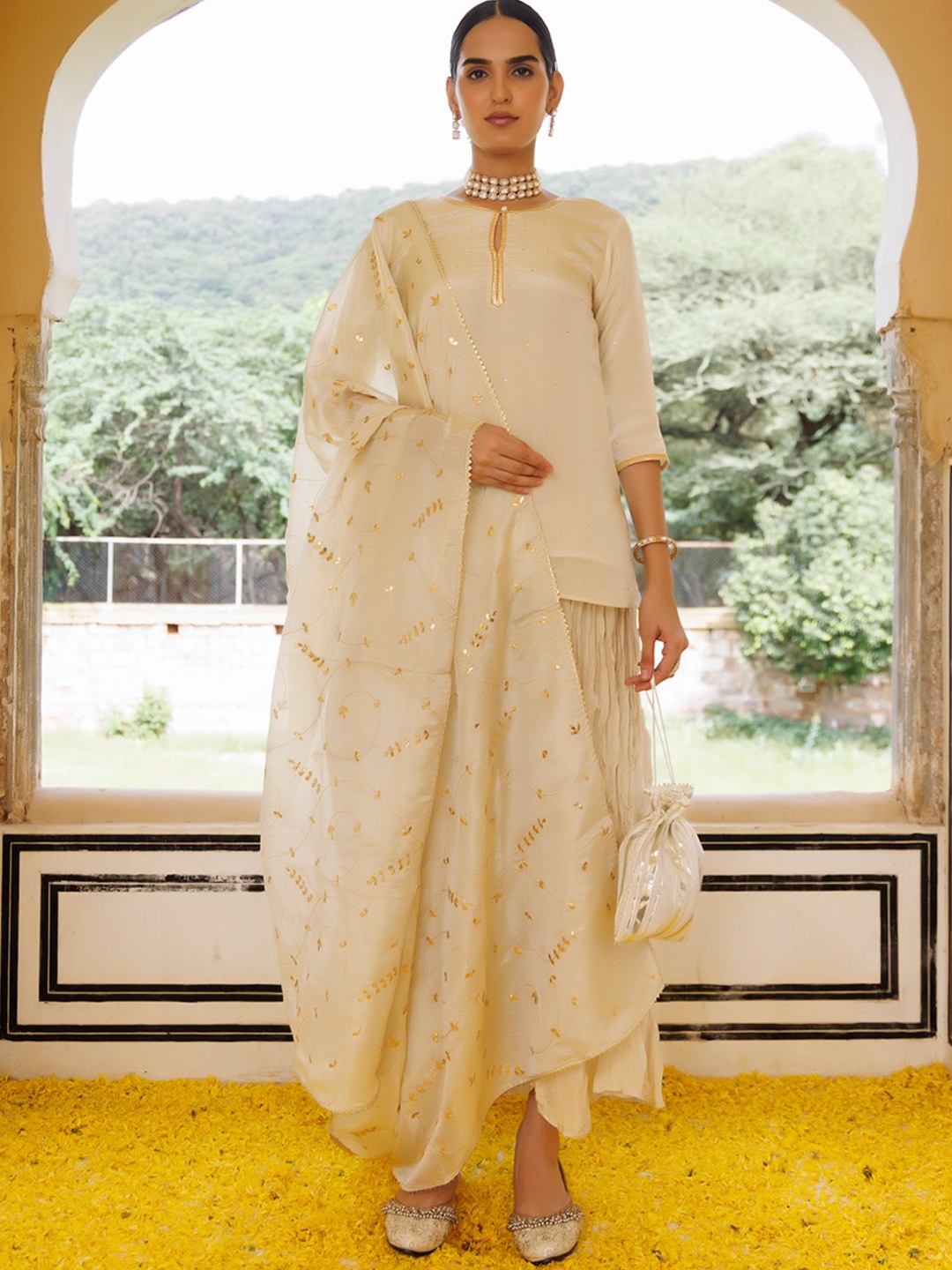 

Geroo Jaipur Regular Chanderi Cotton Kurti With Sharara & Dupatta, Off white