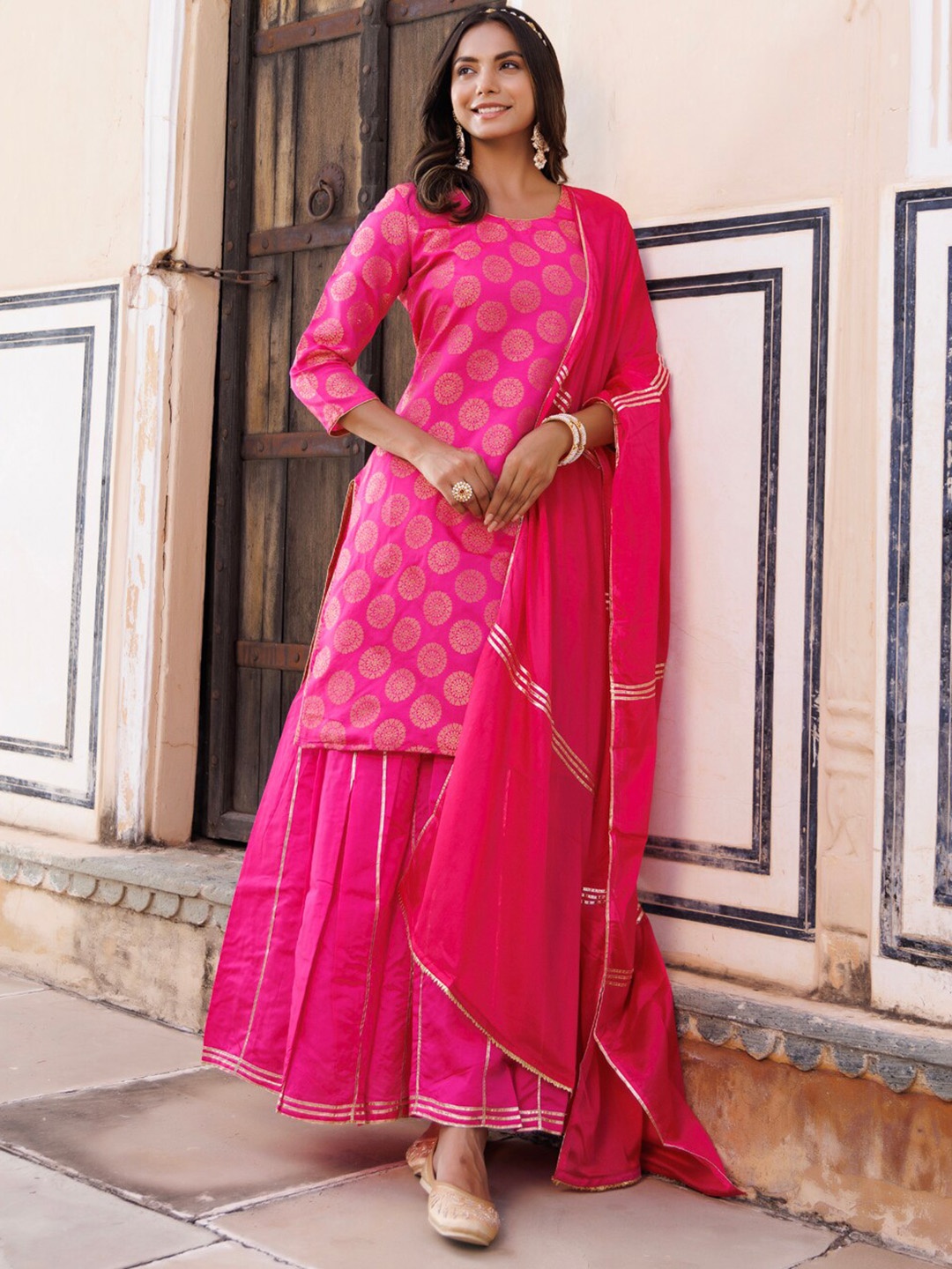 

Geroo Jaipur Ethnic Motifs Woven Design Regular Pure Silk Kurta With Sharara & Dupatta, Pink