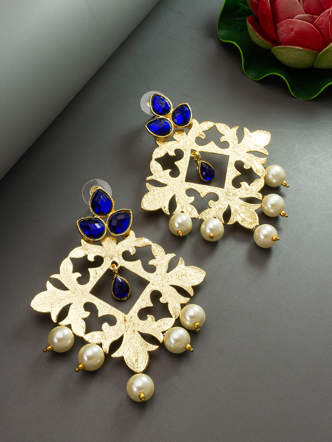 

aadita Stone-Studded & Beaded Earrings, Gold