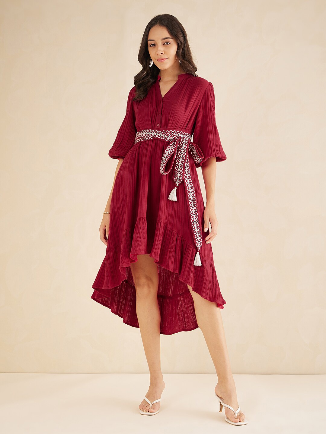 

Femella Self Design Mandarin Collar Accordion Pleated Cotton A-Line Dress, Red