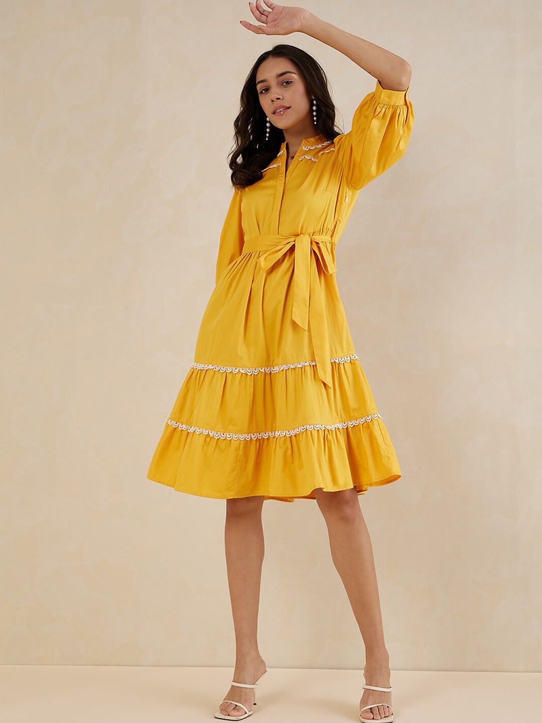 

Femella Embroidered Mandarin Collar Tiered Cotton Fit & Flare Dress, Mustard