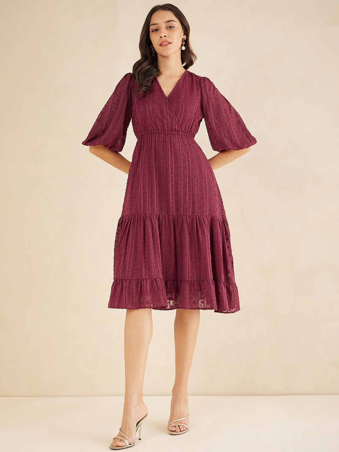 

Femella Self Design V-Neck Gathered Fit & Flare Dress, Red