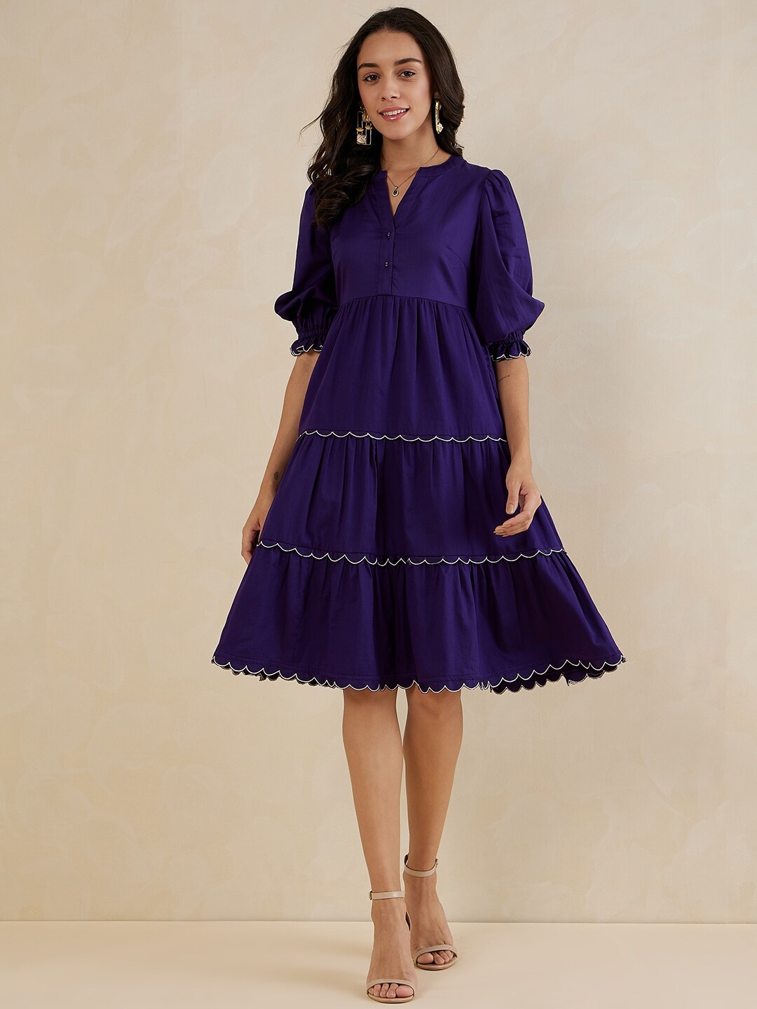 

Femella Embroidered Mandarin Collar Tiered Cotton Fit & Flare Dress, Purple