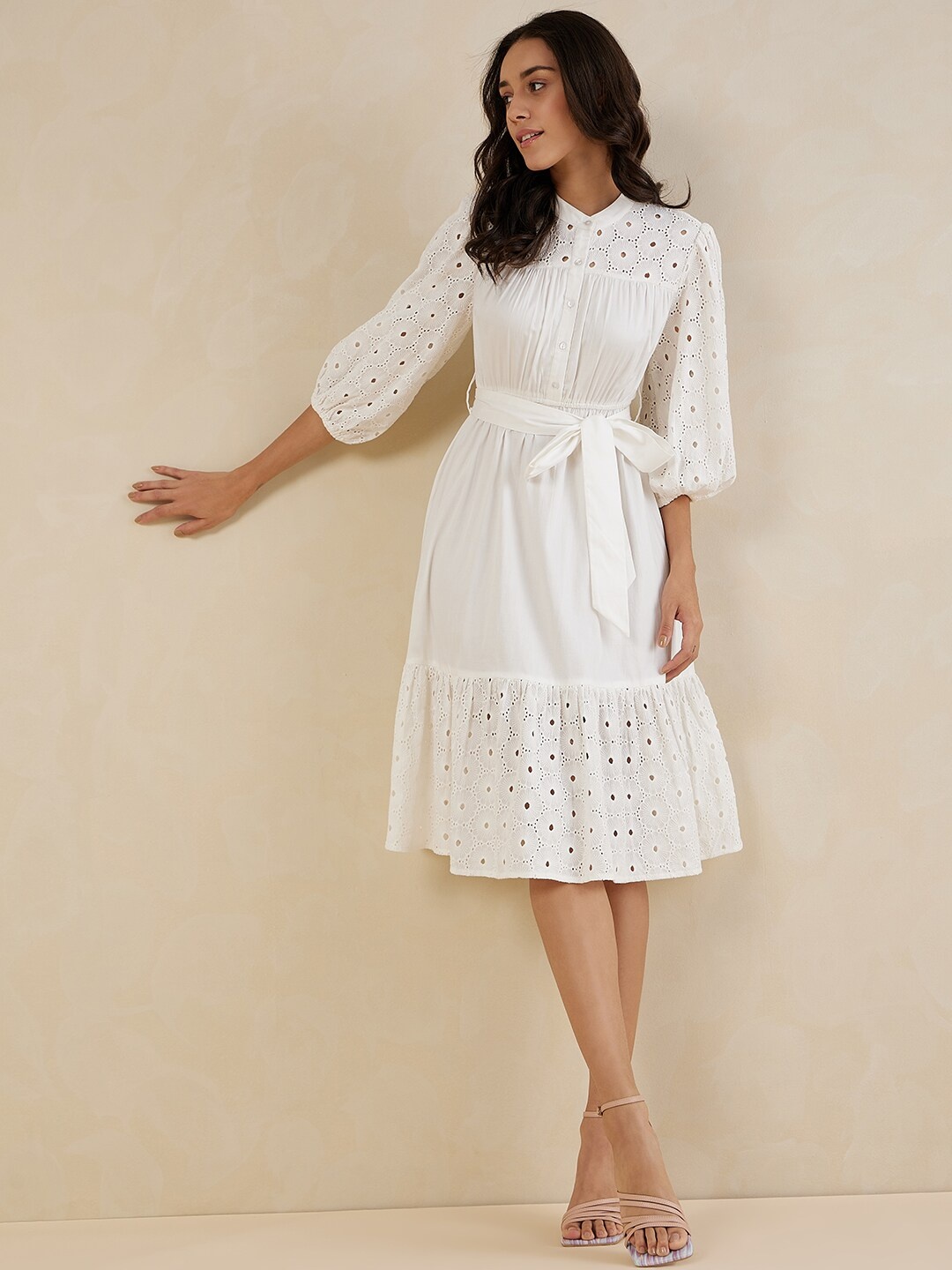 

Femella Self Design Band Collar Puff Sleeve Cotton Fit & Flare Dress Comes with a belt, Off white