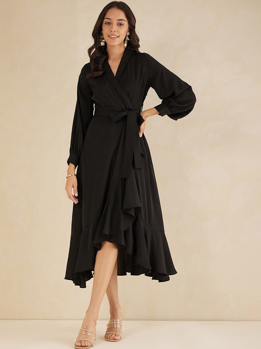 

Femella Shawl Neck Cuffed Sleeve Ruffles Detail A-Line Dress Comes with a belt, Black