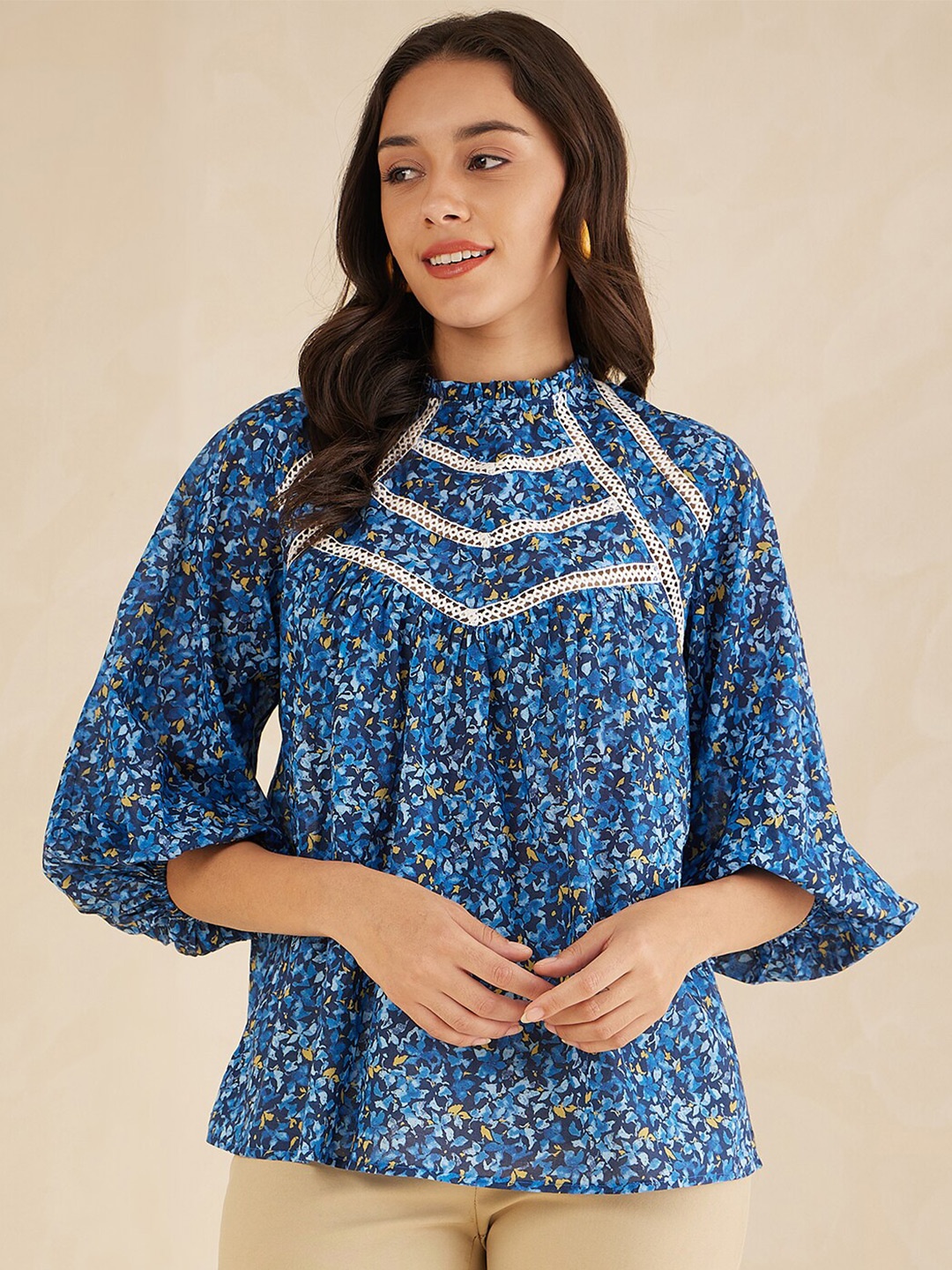 

Femella Floral Printed Bell Sleeves Pure Cotton Top, Navy blue