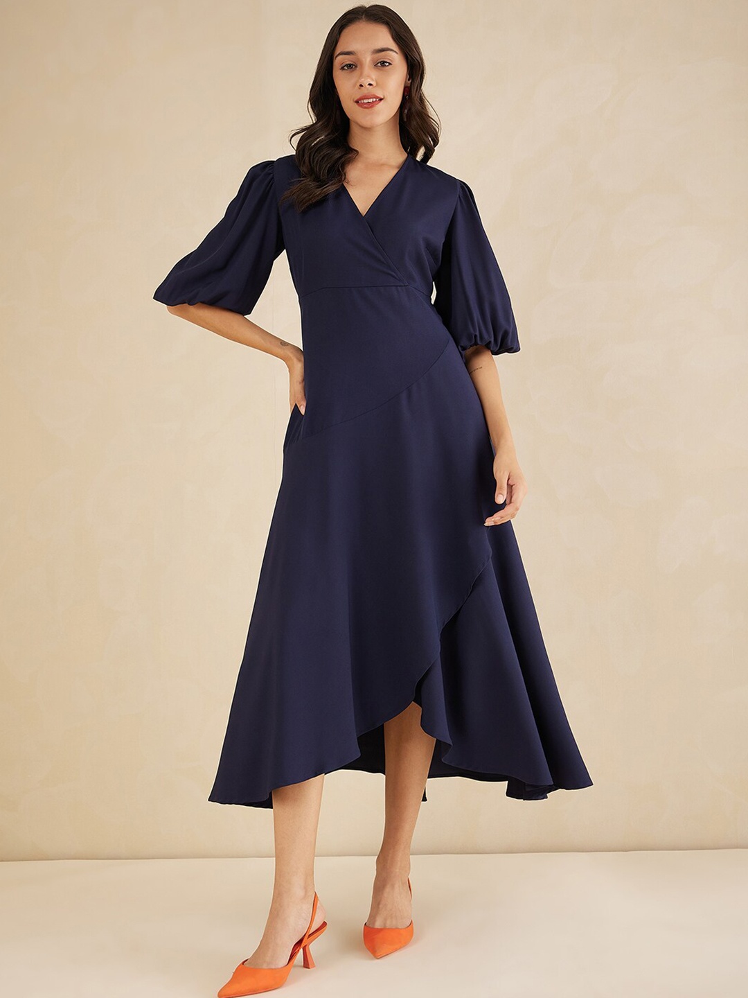 

Femella V-Neck Puff Sleeves A-line Dress, Navy blue