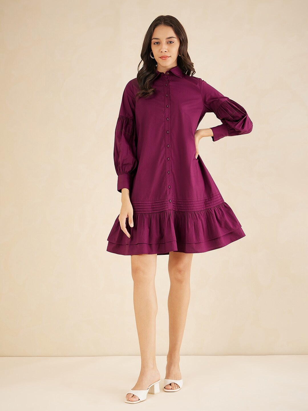

Femella Shirt Collar Cuffed Sleeves Gathered Detail Shirt Dress, Maroon
