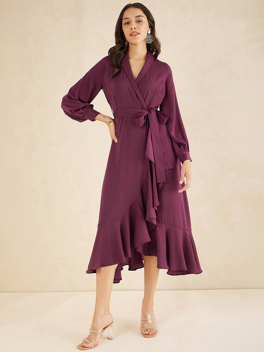 

Femella Shawl Neck Cuffed Sleeve Ruffles Detail A-Line Dress Comes with a belt, Maroon