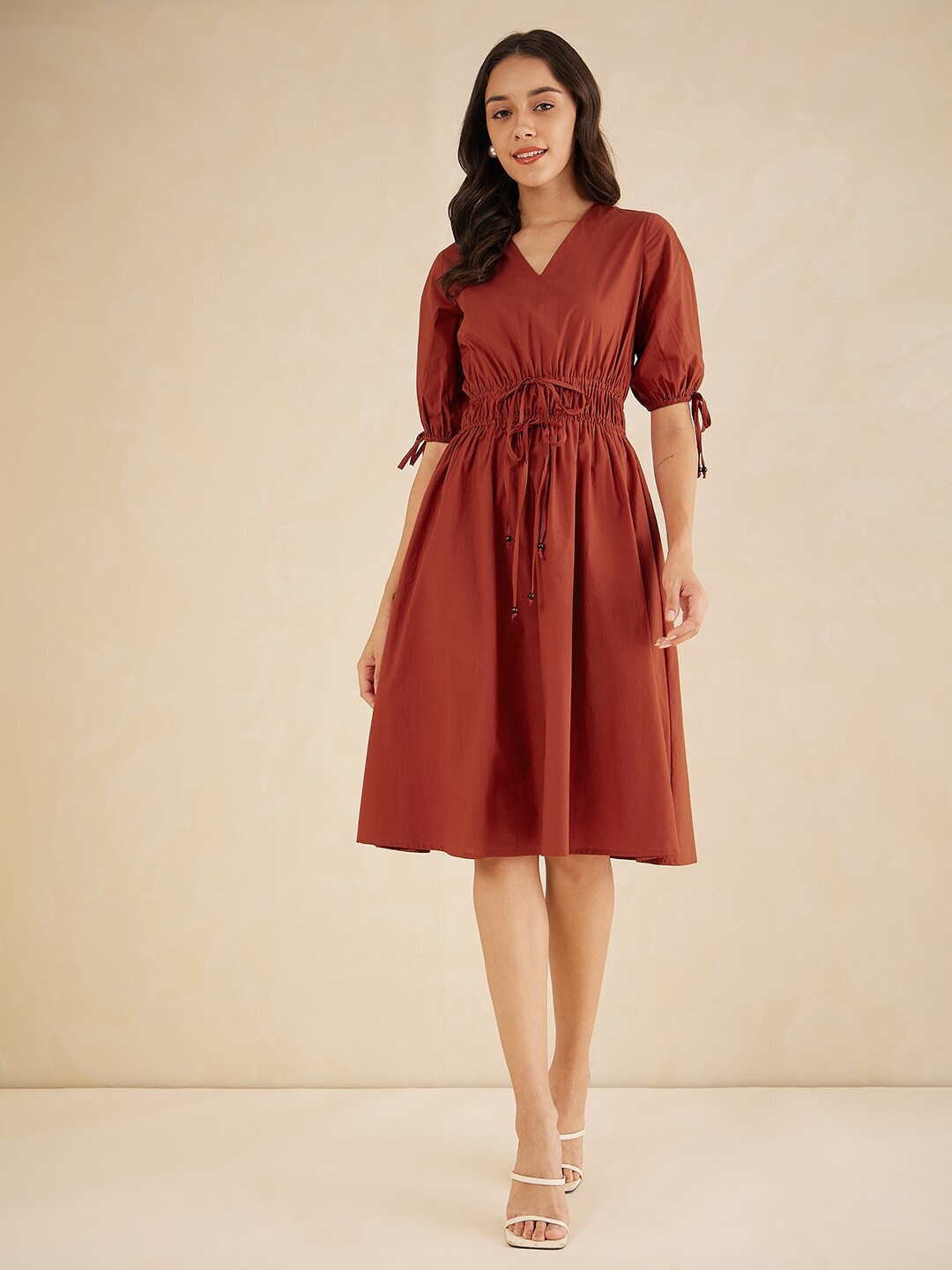 

Femella V-Neck Tie Ups Cotton A-Line Midi Dress, Rust