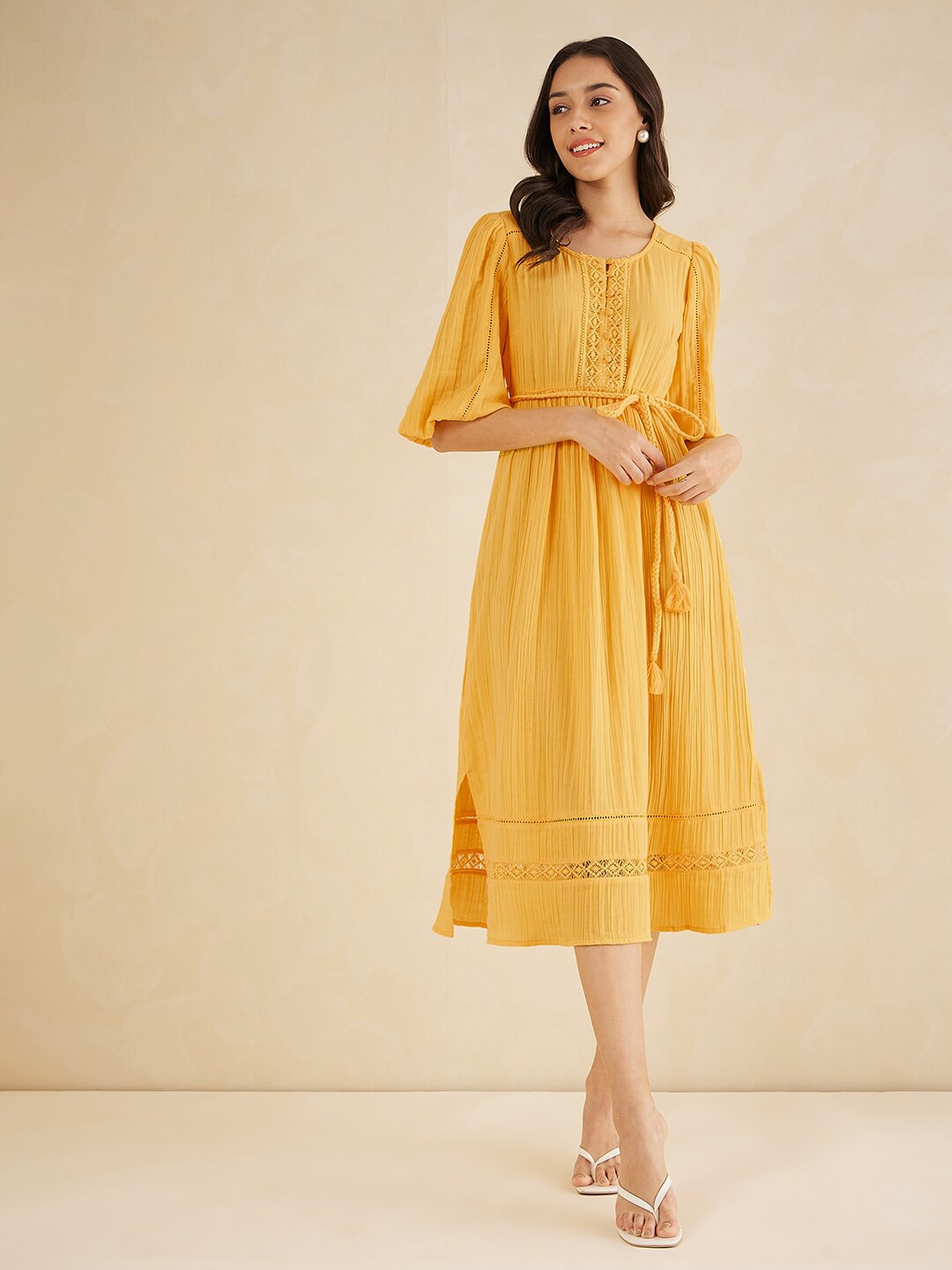 

Femella Flared Sleeves Tie Ups A-Line Midi Dress, Yellow