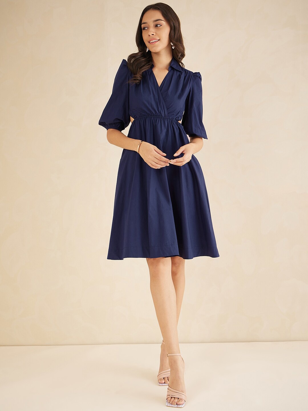 

Femella V-Neck Cut Outs Cotton A-Line Dress, Navy blue