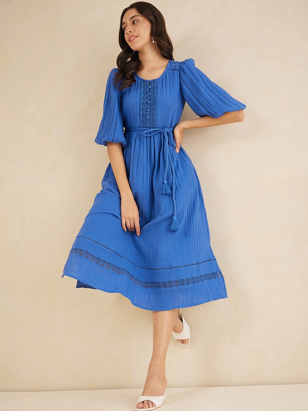 

Femella Flared Sleeves Tie Ups Cotton Fit & Flare Midi Dress, Blue