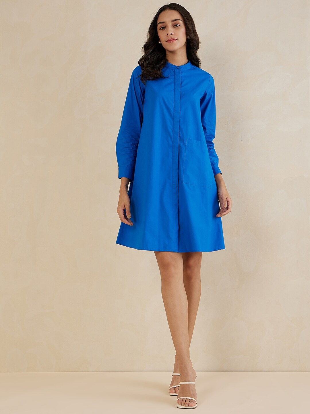 

Femella Band Collar Cotton Shirt Dress, Blue