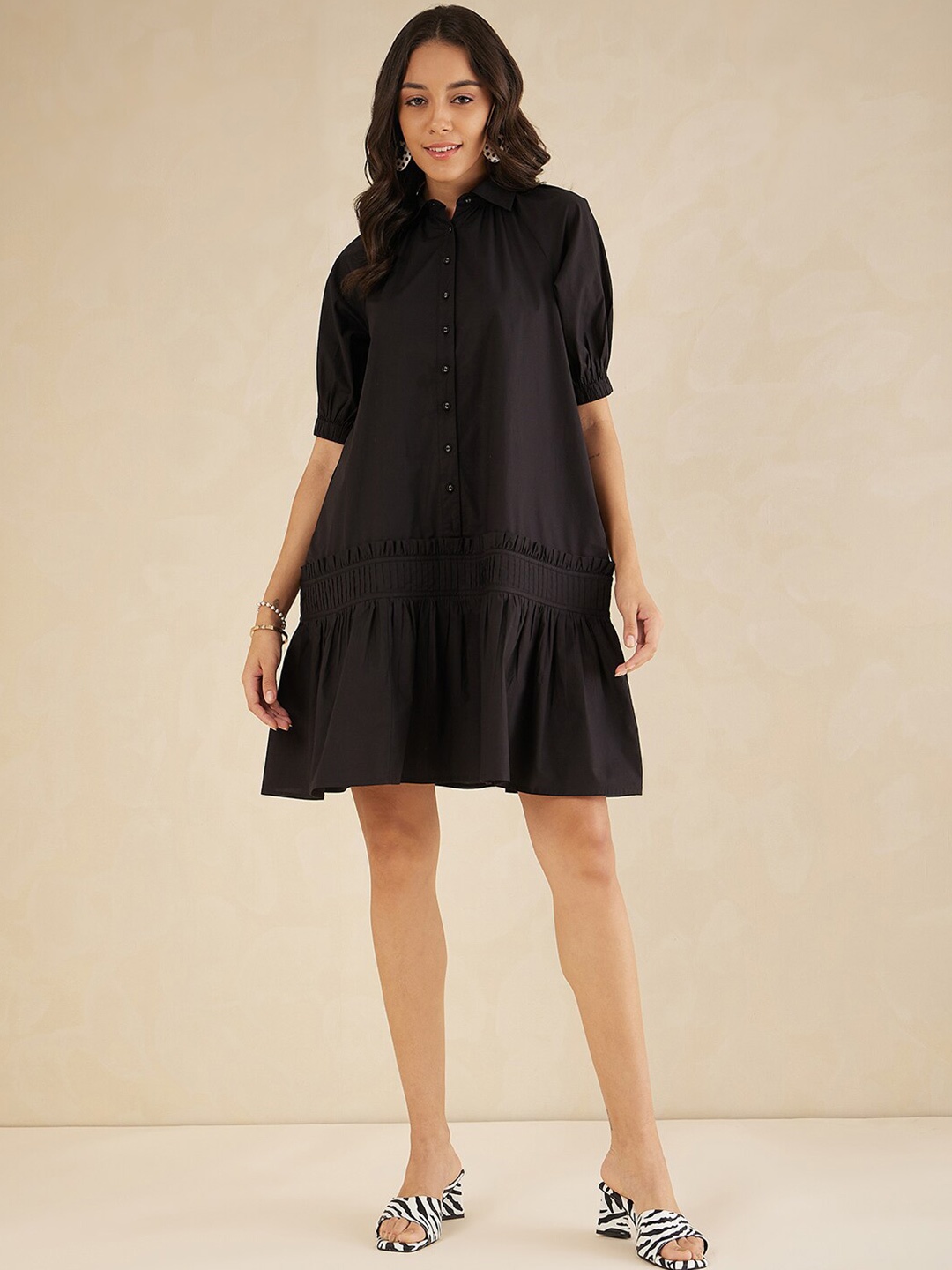 

Femella Shirt Collar Cotton A-Line Dress, Black