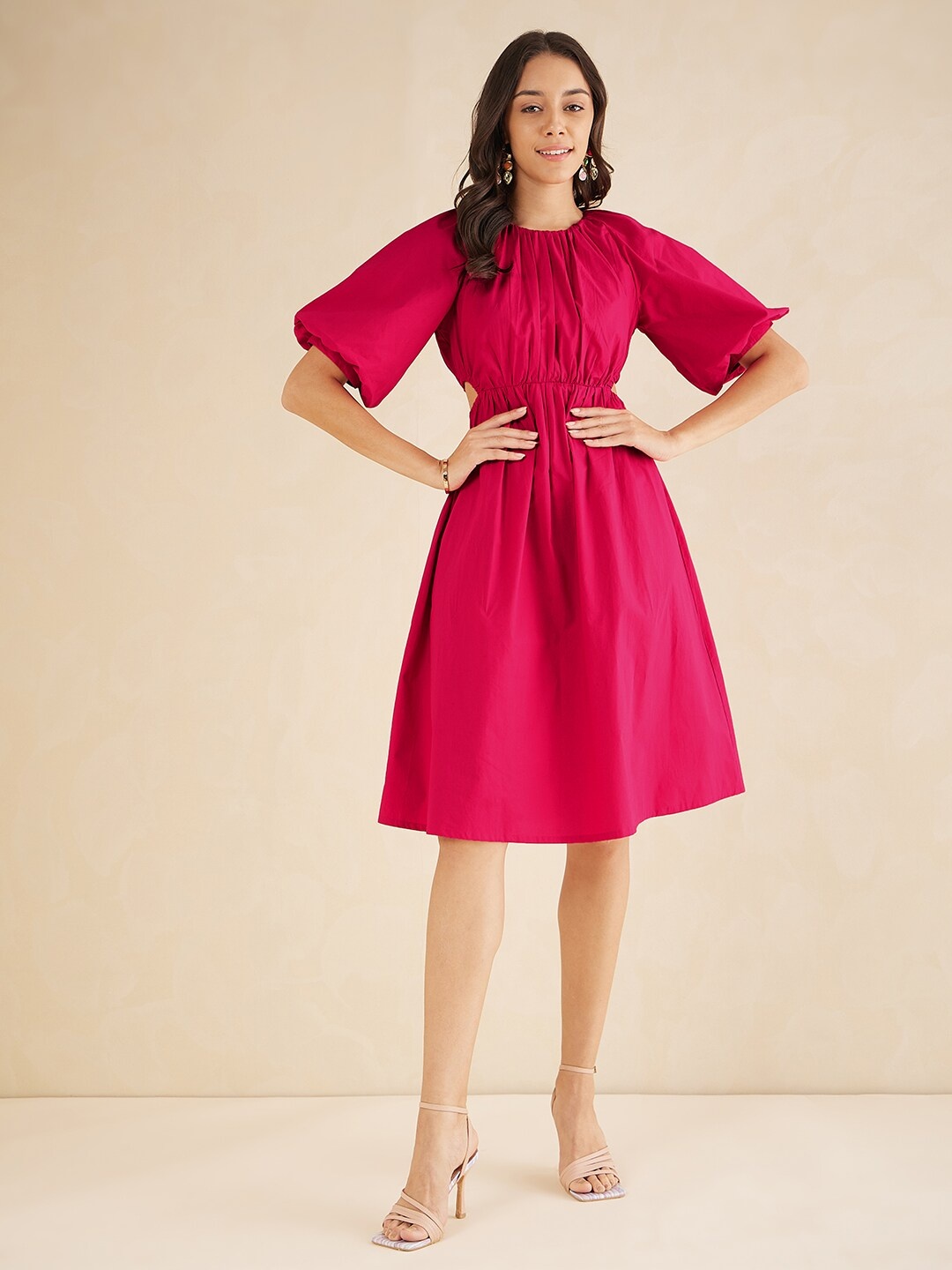 

Femella Round Neck Puff Sleeve Fit &Flare Cut-Out Cotton Midi Dress, Pink