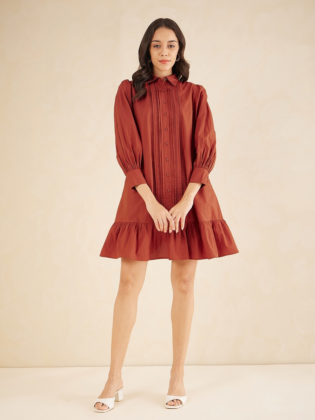 

Femella Rust Tie-Up Neck Puff Sleeve Cotton A-Line Dress