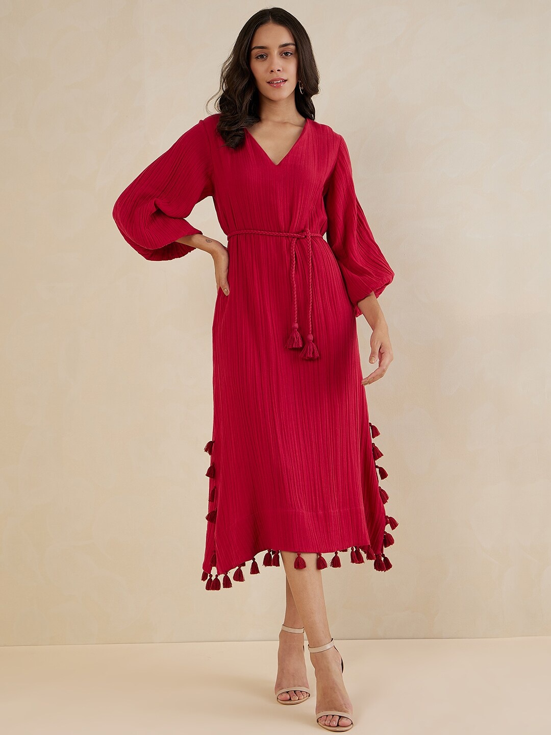 

Femella V-Neck Puff Sleeve Fit & Flare Tie-Ups Cotton Midi Dress, Red
