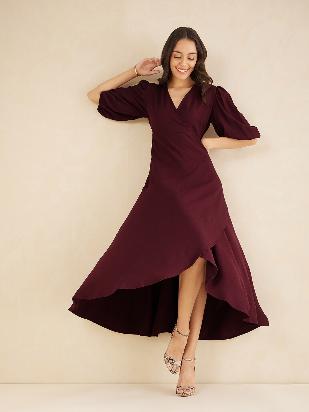 

Femella V-Neck Puff Sleeve Fit & Flare Midi Dress, Maroon