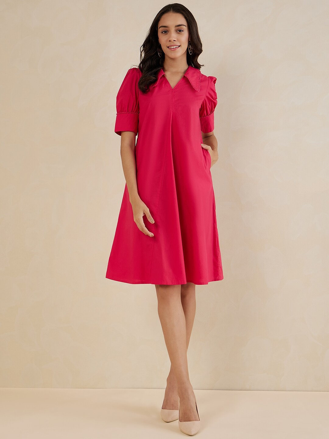 

Femella Shirt Collar Puff Sleeve Cotton A-Line Dress, Pink