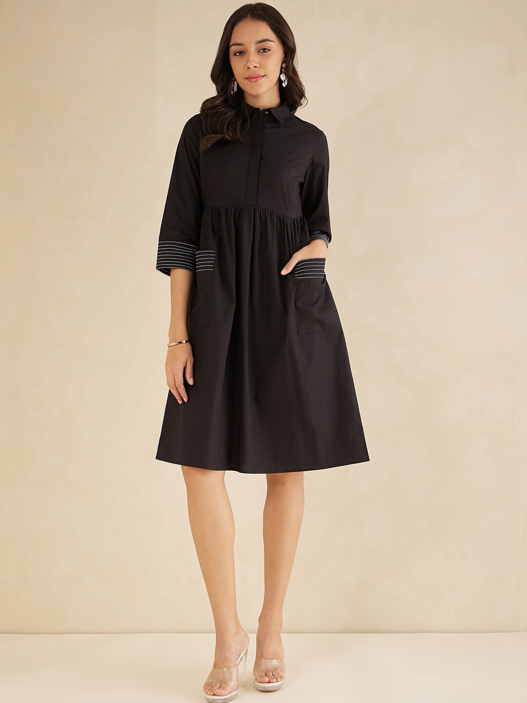

Femella Shirt Collar Fit & Flare Pleated Cotton Dress, Black