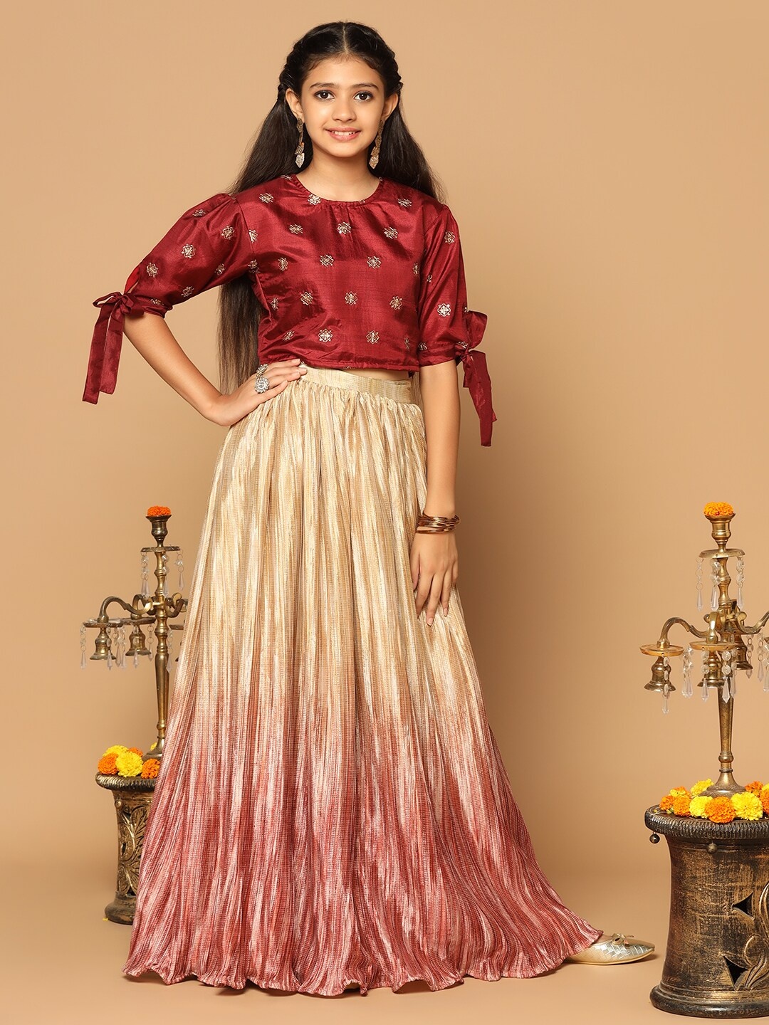 

FASHION DREAM Girls Embroidered Sequinned Ready To Wear Lehenga & Blouse, Maroon