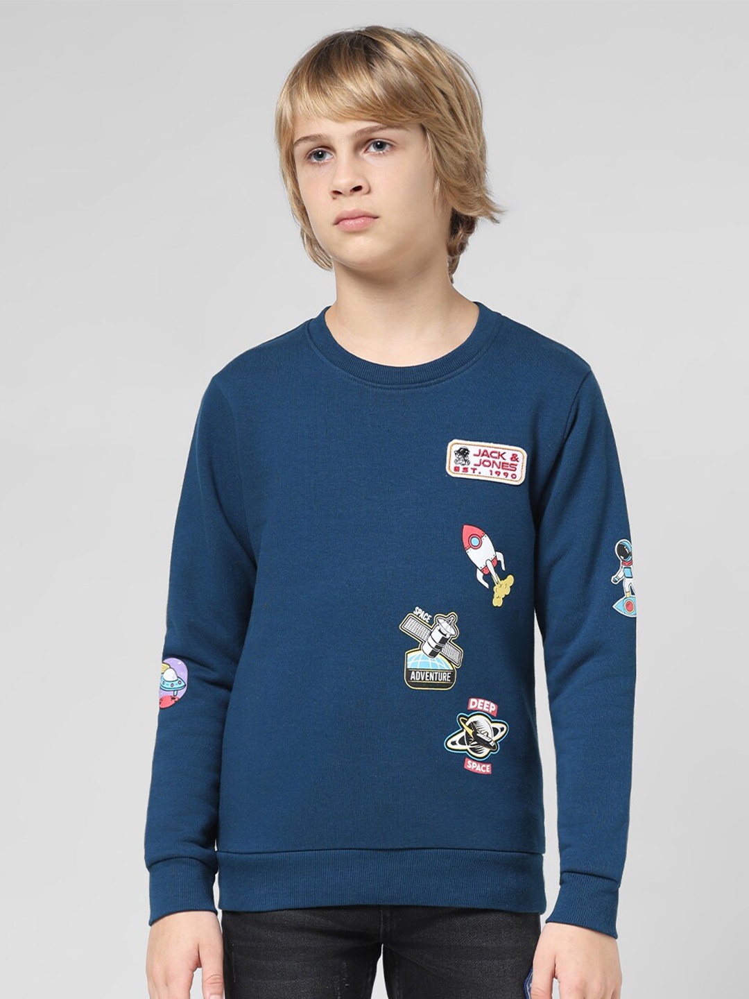 

Jack & Jones Junior Boys Graphic Printed Round Neck Cotton Pullover Sweatshirt, Navy blue