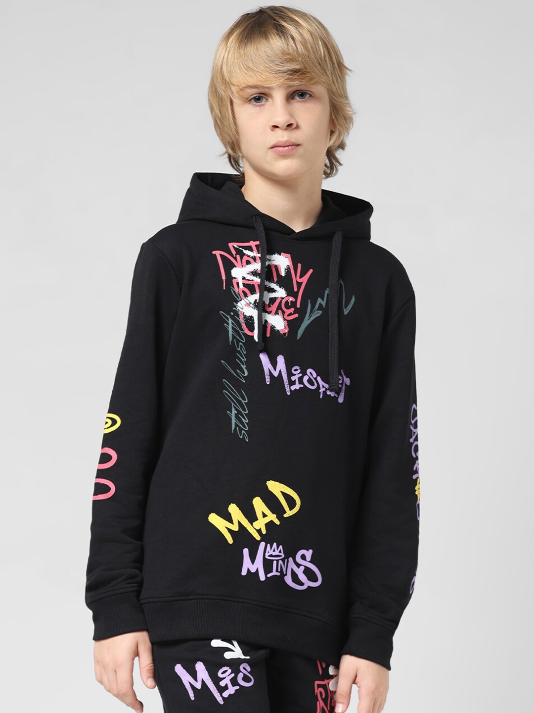 

Jack & Jones Junior Boys Typography Printed Hooded Pullover, Black