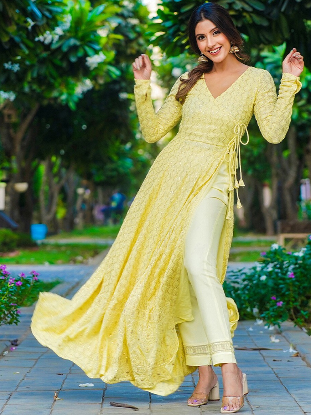 

HANDME Ethnic Motifs Embroidered Chikankari Angrakha Anarkali Kurta with Trousers, Yellow
