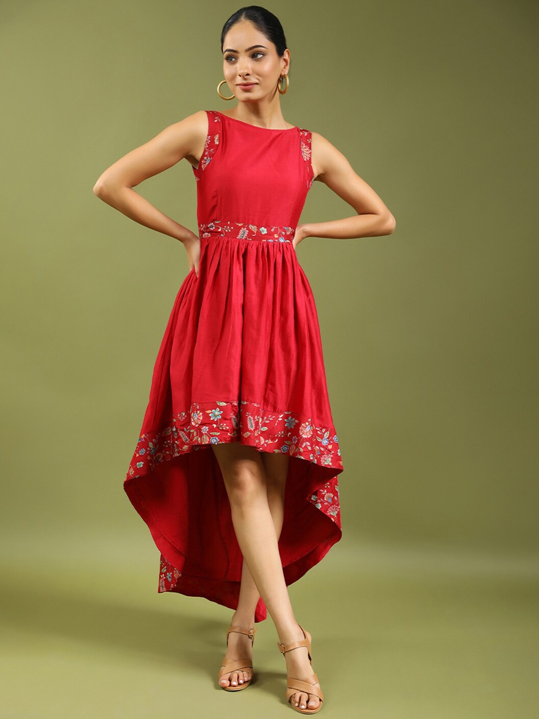 

HANDME Gathered Detail Fit & Flare Ethnic Midi Dress, Red