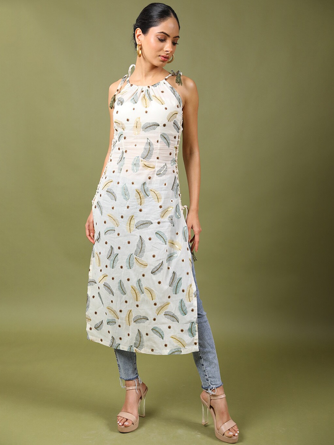 

HANDME Conversational Printed Pure Cotton Straight Kurta, Off white