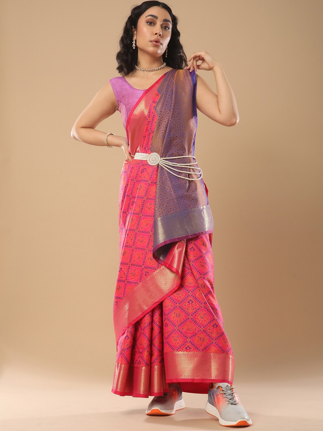 

Mitera Pink Ethnic Motifs Woven Designed Zari Ikat Saree