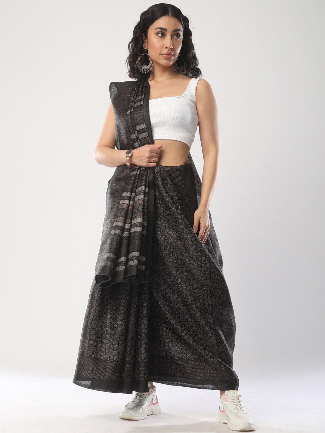 

Mitera Black Ethnic Motifs Woven Design Block Print Saree