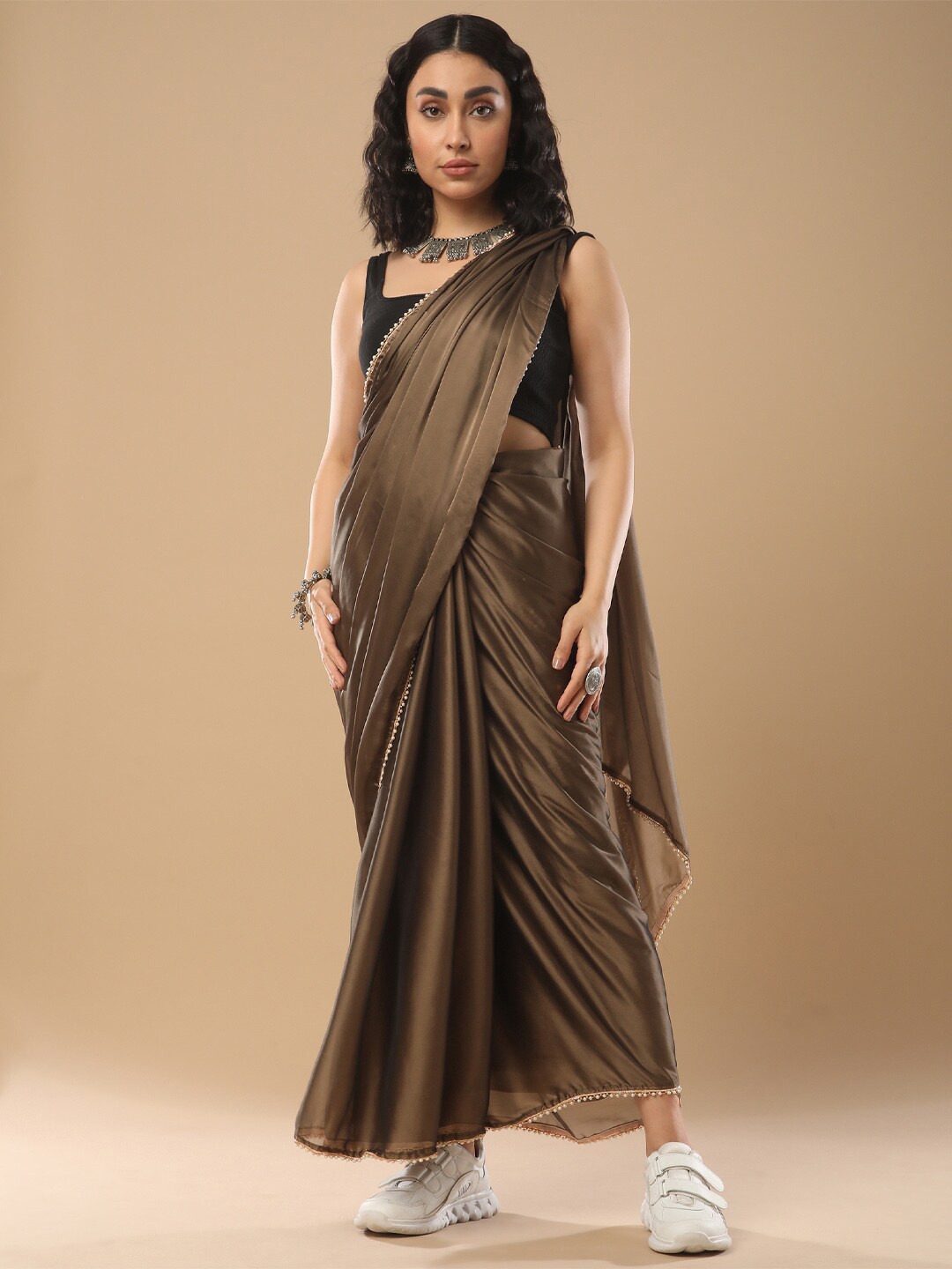 

Mitera Beads and Stones Poly Georgette Saree, Olive