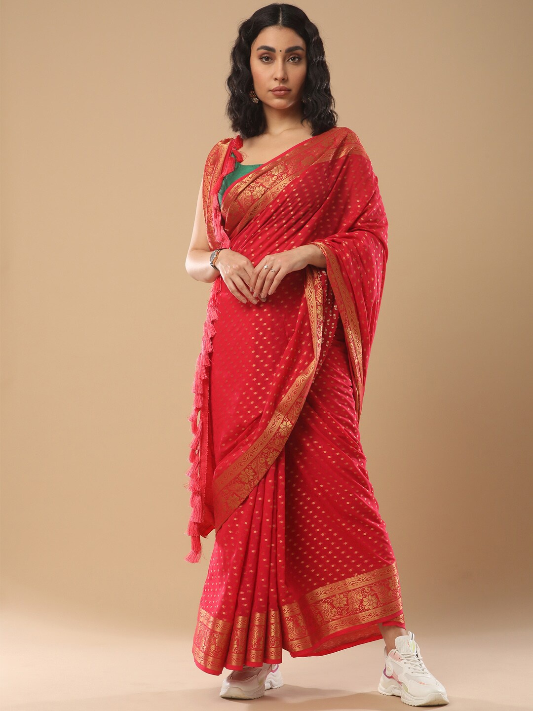 

Mitera Ethnic Motifs Woven Design Zari Poly Georgette Kanjeevaram Saree, Pink