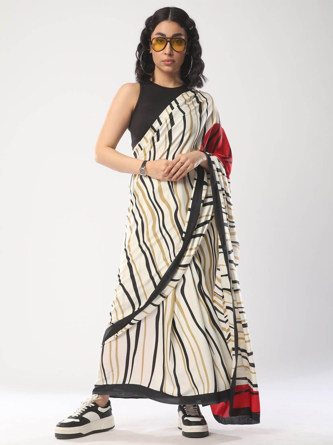 

Mitera Striped Saree, Off white